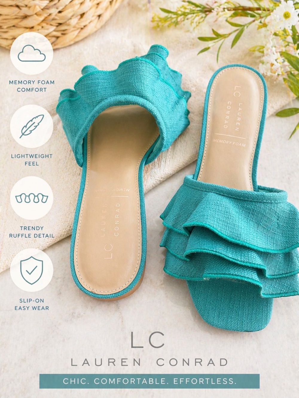 LC Lauren Conrad Teal Ruffle Slide Sandals – Chic & Comfy 💚